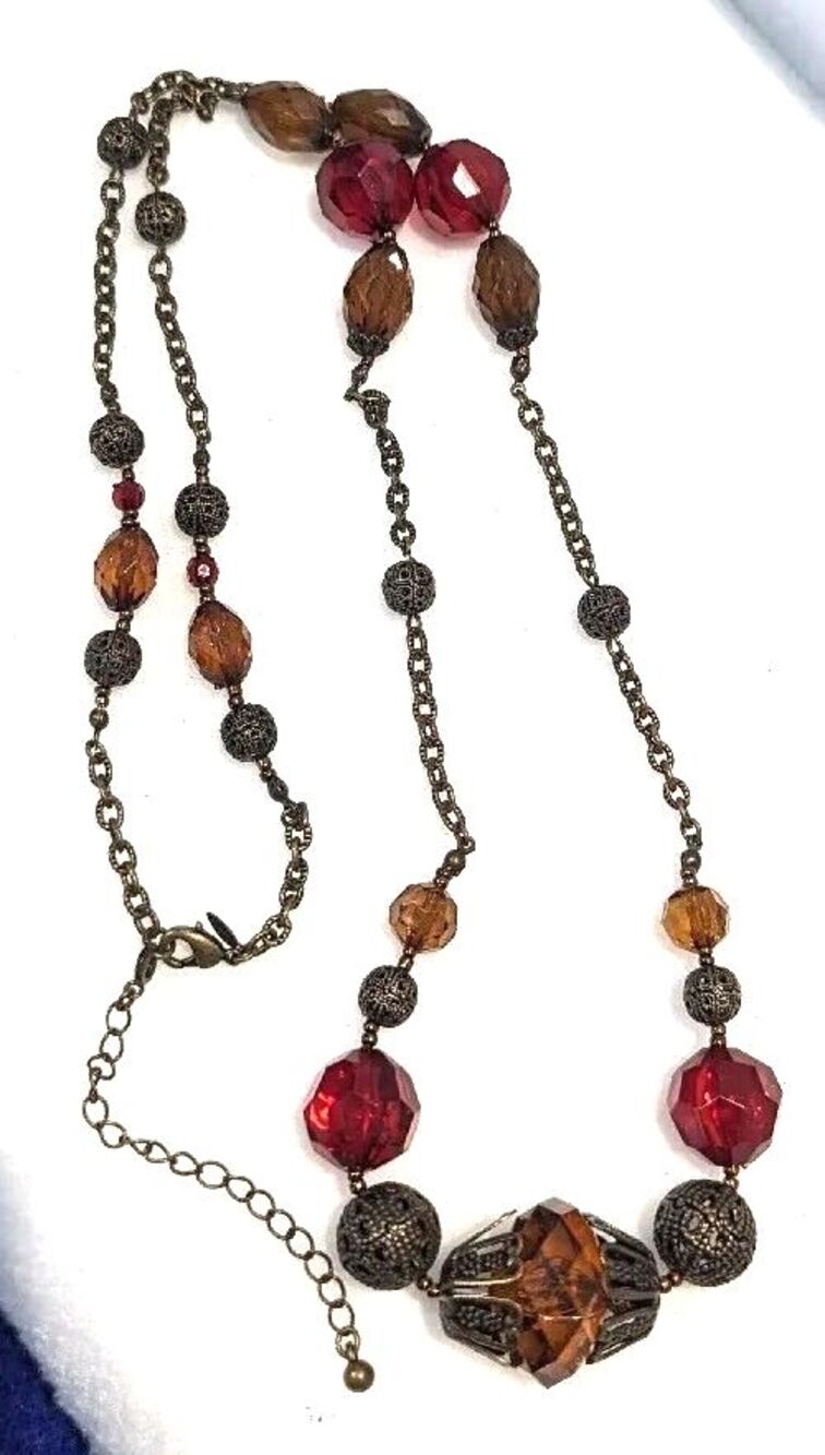 Avon Red Amber Faceted Beads Brass Tone Filigree
